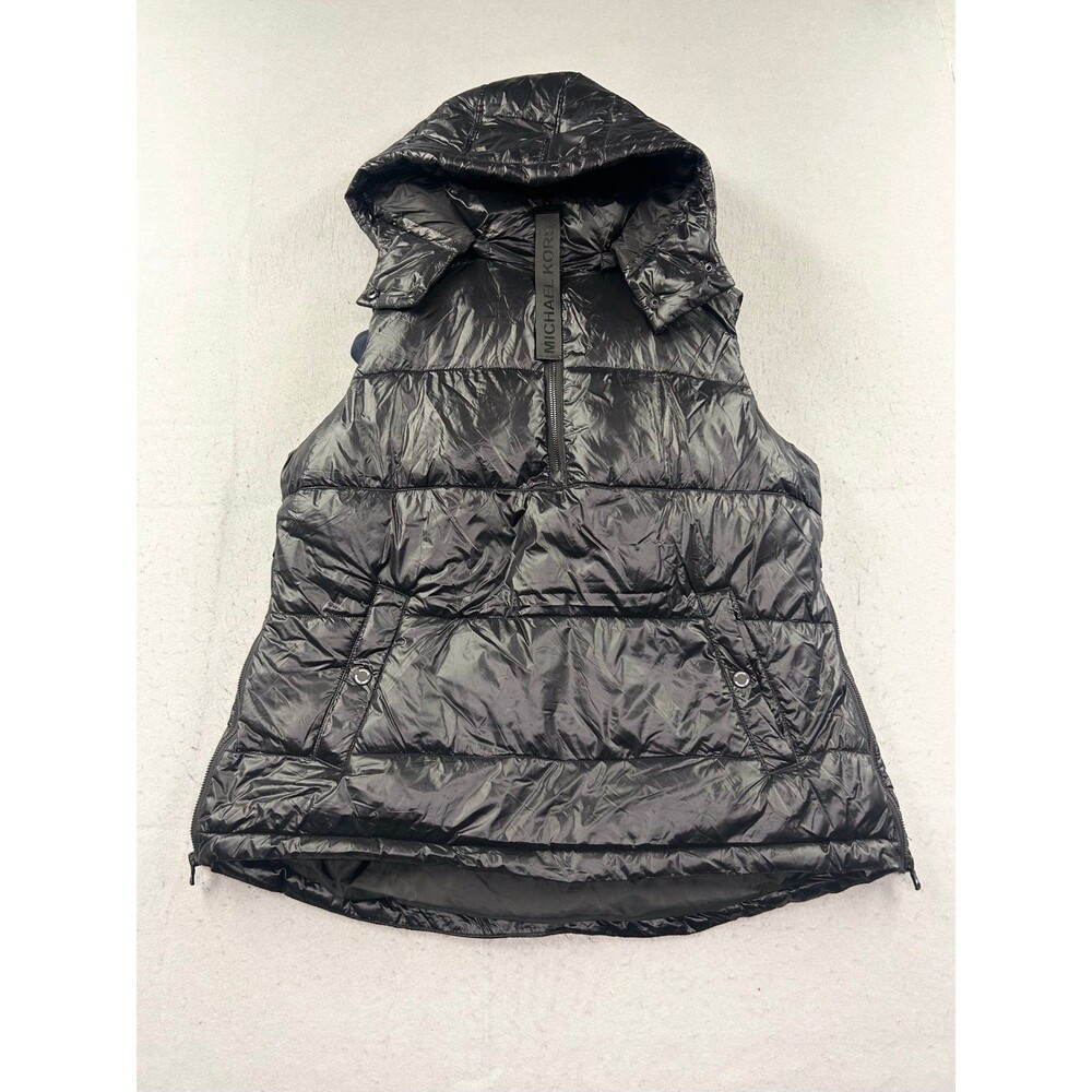 Michael Kors Puffer Vest Womens Large Hooded Black 1/4 Zip Pullover Large